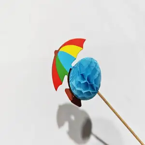 10厘米一次性彩虹太阳伞挑蓝色蜂窝木挑派对节日食品装饰