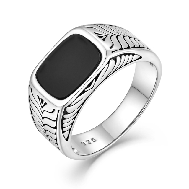 YILUN Vintage 925 Sterling Silver Mens Black Onyx Signet Ring Engraved Band Fine Jewelry Wholesale