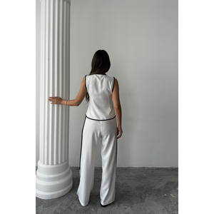 Conjunto de chaleco y pantalón de lino con bordes ribeteados en blanco para mujer, talla S - Product Image 1