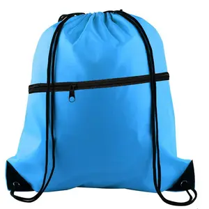 Unisex esporte ginásio string cinch sack 210d cordão ginásio saco com bolso frontal do zíper