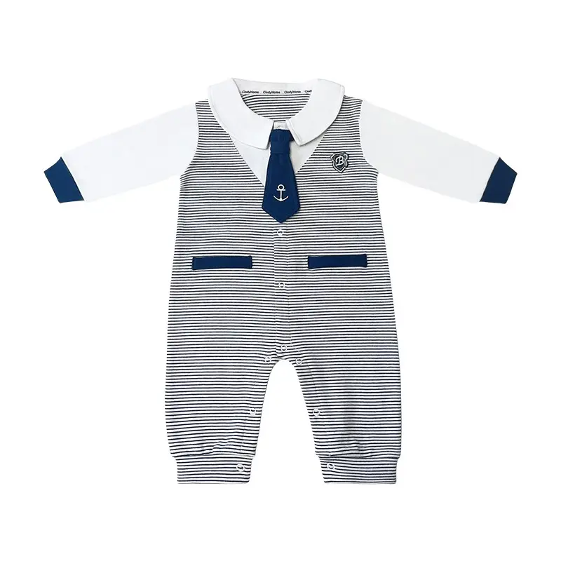 Baby Bodysuit Spring And Autumn Pure Cotton Striped Tie Fashionable Gentleman Baby Hundred Days Sweetheart Spring Clothes