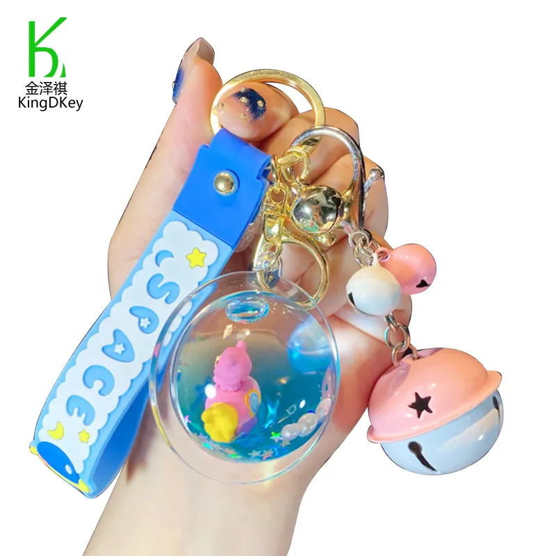 Hot sale Personalized Gift Acrylic key tag Space Liquid Floating Oil Water Keychain with 3D Pilot and Bells for Souvenir Gifts