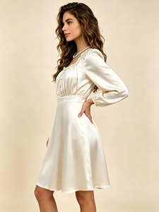 Elegant Vintage Women Satin <b>Dress</b> Square Neck Lace Pearl Decoration Long Sleeve High Waist A‑line <b>Dress</b> - Product Image 2