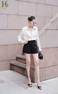 Shorts taille haute pour femmes, style jupe-short unie, service OEM pour la saison estivale, pantalon mi-mollet avec fermeture éclair - Product Image 6