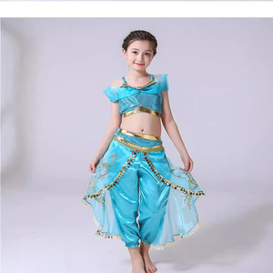 Girls Teal Arabian Princess Costume Kids <b>Sequin</b> Crop Top Harem <b>Pants</b> Set for Halloween & Carnival - Product Image 2