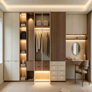 Armoire intégrée multifonctionnelle en bois et blanc avec coiffeuse, miroir, porte et éclairage intégré, meubles de chambre à coucher - Product Image 2