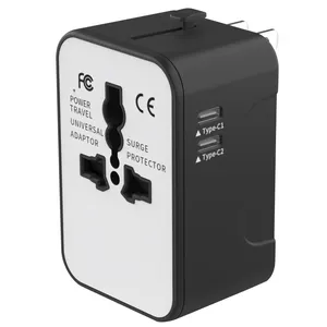 Portable 6A high power all in 1 travel adapter with 1 usb 2 type-c ports for multi-country charging with US EU AU UK plug