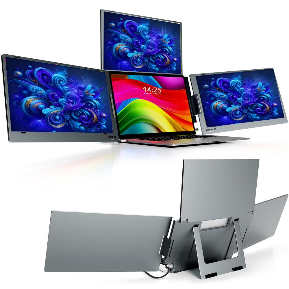 <strong>2026</strong> New 3-Screen Portable Monitor with 180&deg; Adjustable Kickstands, 14 Inch FHD Each Screen