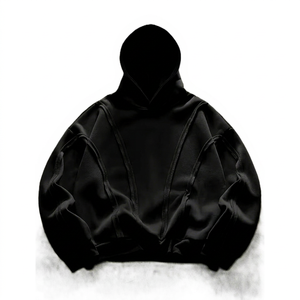 Mens <b>Black</b> Oversized Hoodie Pleated Panel Design French Terry Thick Streetwear Hip Hop Baggy Pullover Plain Hooded <b>Sweatshirt</b> - Product Image 1