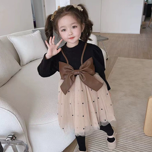 Abbigliamento per bambini autunno a maniche lunghe abito da bambina grande con fiocco in Tulle alla moda per bambina vestito da festa di compleanno - Product Image 3