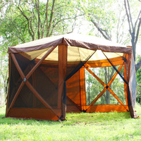 Tente de camping hexagonale à montage rapide 210D Poly-Oxford deux chambres avec abri solaire et coupe-vent 360 Projector