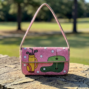 Sac à main rectangulaire rose fait main ALI FASHION ART avec broderie sur le thème du golf, en textile polyester-coton, lavable, pour usage quotidien - Product Image 1