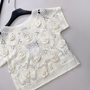 Blusa de Verano Casual para Mujer, Blanca, de Crochet, con Flores, Manga Corta, Diseño Calado - Product Image 6