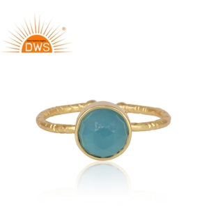Round Aqua Chalcedony Gemstone Ring Texture Finish Gold Plated Sterling Silver Girls Ring Jewelry Manufacturer - Product Image 2