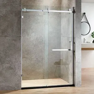 Porta de chuveiro deslizante reta para hotel moderno Baide, porta de vidro temperado com base acrílica, porta de chuveiro sem moldura em aço inoxidável