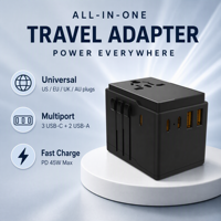 Adaptor Perjalanan Universal 45W 3 USB-C 2 USB-A Adaptor Colokan Internasional untuk Penggunaan Laptop