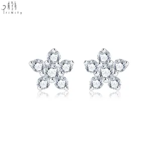 For Women Earring Real Natural Beautiful Cluster Diamond Flower Snow Design Stud Earrings For Women 18k Solid White Gold Jewelry