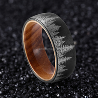 POYA cincin Tungsten berlapis hitam 8mm, cincin dalam kayu antik dengan desain Laser hutan untuk pernikahan atau hadiah