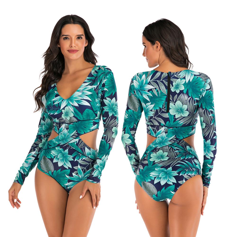 Women's Rashguard swimsuit sun protection green palm floral print with back zipper long sleeve one piece rash guard