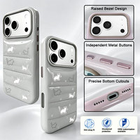 Casing HP Kulit PU Spons Motif Kucing Lucu Sederhana untuk iPhone 15/16/17 Pro Permukaan Halus Mengkilap Penyerap Guncangan