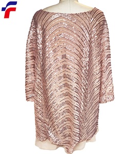 Full beauty brand customized <strong>plus</strong> women <strong>size</strong> champagne sequins embroidery skin soft <strong>mesh</strong> 3/4 sleeves boat neck <strong>top</strong> - Product Image 3