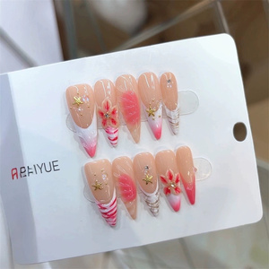 Uñas postizas de lujo hechas a mano con diseño de flores en 3D, uñas francesas reutilizables únicas, uñas acrílicas adhesivas. - Product Image 6