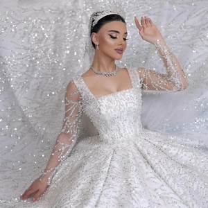 Magnifique <span class=keywords><strong>robe</strong></span> de mariée princesse à col carré brillant, sexy, à manches longues, avec dentelle et perles, <span class=keywords><strong>robe</strong></span> de mariée de cérémonie personnalisée - Product Image 2