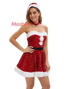 MS Women's Santa Claus Style Christmas <b>Costume</b> Shiny Sequin Dress Holiday Party Stage Performance <b>Cosplay</b> Outfit Red Polyester - Product Image 3