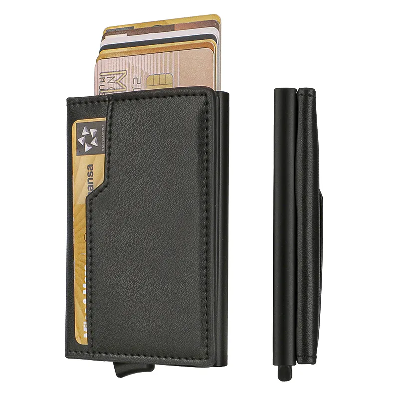 Brand OEM Factory Custom Real Leather Card Holder with Money Pocket Pop Up Wallet RFID Blocking Slim Aluminum Metal Wallet
