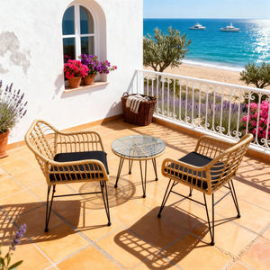 Balcón Rattan <span class=keywords><strong>Bistro</strong></span> Set 2 sillas y mesa de cristal Cojín cómodo Resistente a la intemperie para la playa Terraza Jardín Asientos al aire libre - Product Image 2