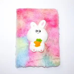 Hot Sale Custom Hard Cover Plush Cute Rabbit Toy A5 Journal Rainbow Colors Notebook for Girls and Boys