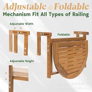 Wooden Balcony Folding <b>Table</b> Semicircular Outdoor Tea Snack Rack <b>Adjustable</b> Storage Shelf - Product Image 3