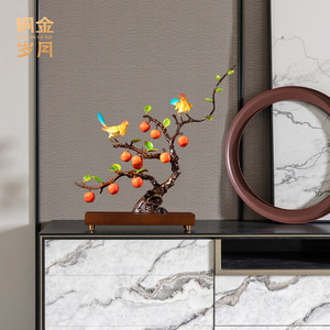 Ornement d'arbre en cuivre et or avec oiseaux et fruits, artisanat métallique fait main pour la décoration du salon - Product Image 2