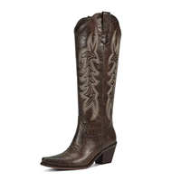 Bottes hautes élégantes en PU à bout pointu pour femme, broderie vintage 2026, talon épais, style cowboy, vente en gros personnalisée