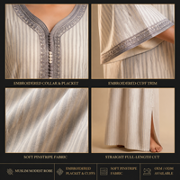 Gandoura Abaya Robe en Coton à Rayures avec Bordure Tressée Vêtements Modestes pour Femmes Musulmanes Jabador pour Femmes Kaftan Traditionnel