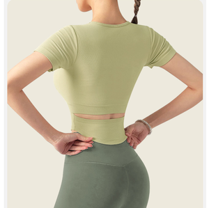 Women U Neck Ribbed Crop Yoga <b>Top</b> Built in Bra Hollow <b>Back</b> Short Sleeve Workout T Shirt Slim Fit Stretchy Pilates Athletic Tee - Product Image 3