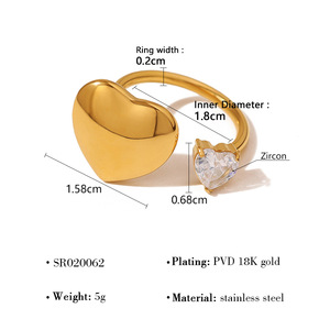 PVD mạ vàng thép không gỉ đôi tim rõ ràng cubic zircon mở ngón tay nhẫn cho phụ nữ - Product Image 6