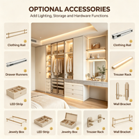 Armoire de chambre moderne sur mesure avec porte vitrée, cadre doré, éclairage LED, étagère ouverte, poignée en laiton, coiffeuse, placard OEM
