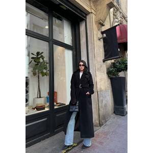 Manteau en laine d'alpaga noir avec décoration à motifs, en cuir pour l'hiver, chaud, avec fermeture à ceinture et fourrure de mouton - Product Image 3