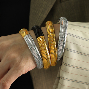 European American Vintage Style <b>Titanium</b> Steel Wide Bangle 12mm Color Block Elastic Snake Bone Hip Hop Bracelet Unisex Jewelry - Product Image 3