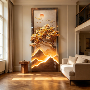 Wholesale Custom <b>Framed</b> LED Light Crystal Porcelain <b>Wall</b> Art Golden Ginkgo Tree Mountain Sunset Landscape Entryway Home Decor - Product Image 1