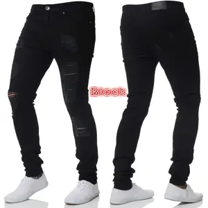Custom Taps Toelopende Stretch Distressed Gescheurd Skinny Damage White Black Denim Heren Jeans Broek Broek Voor Heren