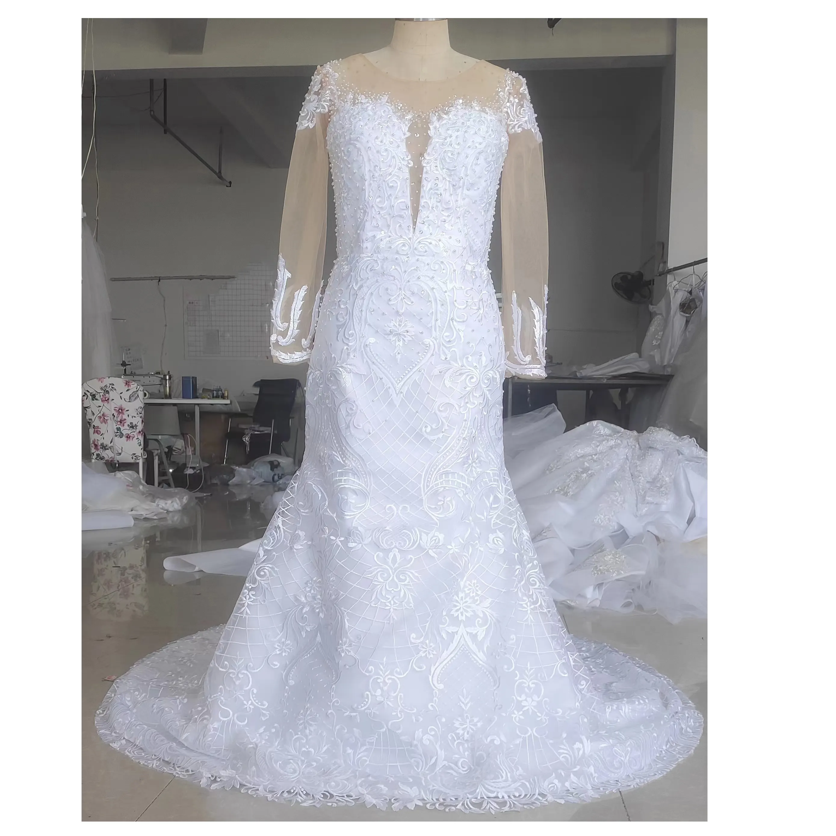 Изготовленное на заказ роскошное Расшитое бисером платье с длинным рукавом Русалка свадебное платье для невесты свадебное платье Vestidos De Novias