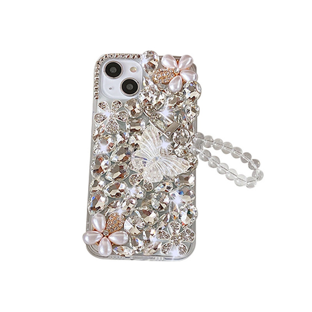 Women Bling Diamonds Crystals Butterfly Back Phone Case With Pearls Bracelet for iPhone 15 Pro Max Mobile Phones Cover