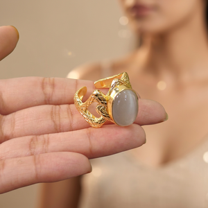 New design oval cat's eye gemstone <b>adjustable</b> <b>ring</b> solid brass 18k gold plated snake texture band bohemia style cocktail <b>rings</b> - Product Image 3