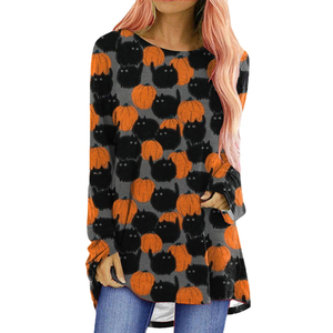 <strong>Women's</strong> Custom O-Neck Long Sleeved Casual Oversize Shirts Hot Sale Pumpkin Ghost Printed <strong>Top</strong> Tee <strong>Halloween</strong> Style - Product Image 1