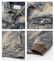 Veste en jean vintage délavée pour homme, style motard, coupe ajustée, boutonnée, avec patchwork, fournisseur en gros