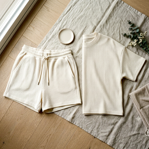 Cream Waffle Knit Shorts and T-Shirt Set Unisex Adult Casual Wear - Product Image 1