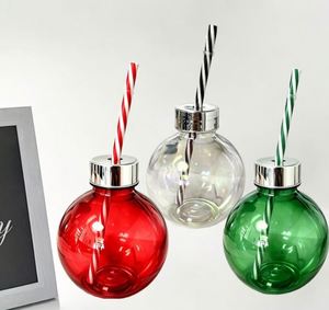 Gobelet personnalisé avec paille, en plastique, 400 ml, bouteille de boisson en forme de boule de Noël - Product Image 1