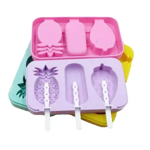 Ice Cream Triple Cavities Mold Silicone Food Grade Reusable Cute Cartoon Fruit Ice Popsicle Mold with Lid Free Three Sticks